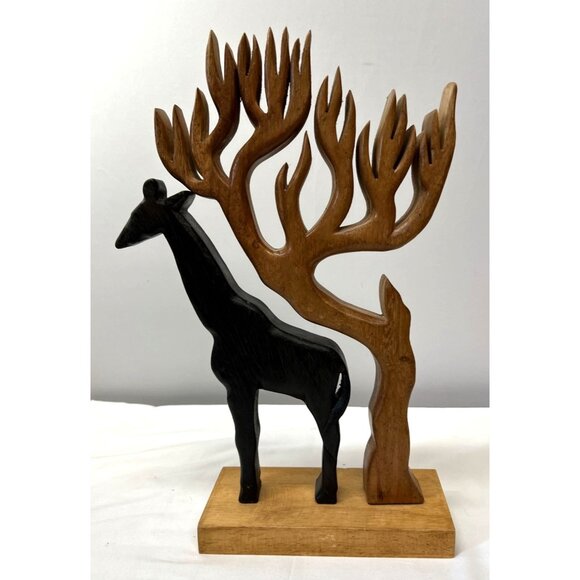 Hand-Carved Wooden Giraffe & Tree Figurine - Picture 6 of 7